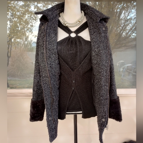 BKE Outwear The Buckle Black Gray Faux Fur Marled Peacoat Style Jacket Size S - Picture 6 of 16